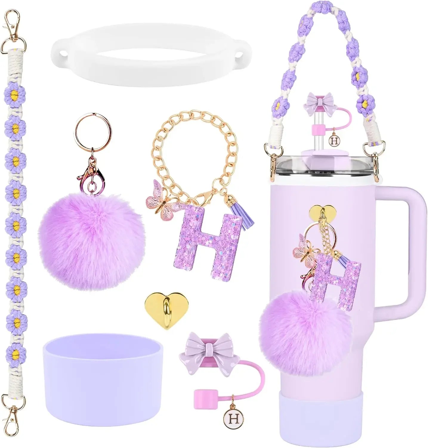 7PCS Accessories Set for Stanley Cup Purple Straw Topper Cup Boot Water Bottle Handle Strap Letter Charms 40oz 30oz Tumbler