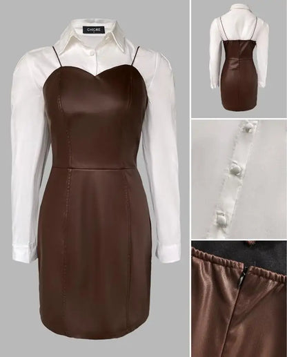 Two Piece Set Women Outfit 2025 Spring New Turn-Down Collar Long Sleeve Blouses & Casual Spaghetti Straps PU Leather Skirt - Kimlud