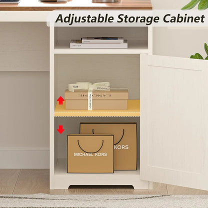 63" Farmhouse L Shaped Executive Desk with Drawers & Storage Shelf, Corner Computer Desk with Power Outlets, L Shaped Office Des - Kimlud