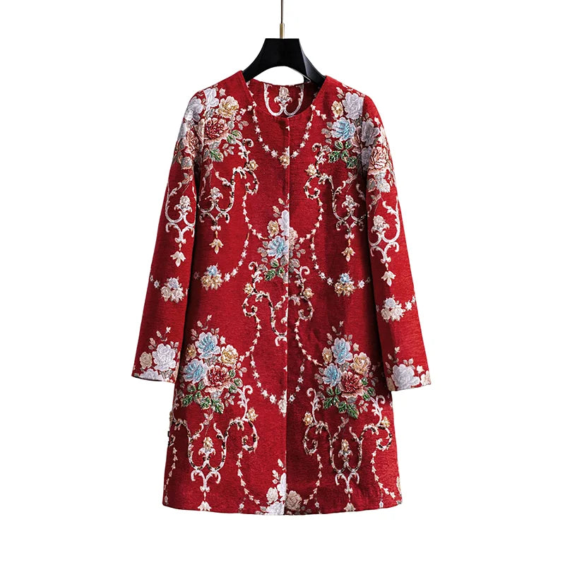 Women Red Embroidered Beaded Jacket Floral Longline Coat Round Neck 3/4 Sleeve Loose Casual Vintage Outerwear Top |...