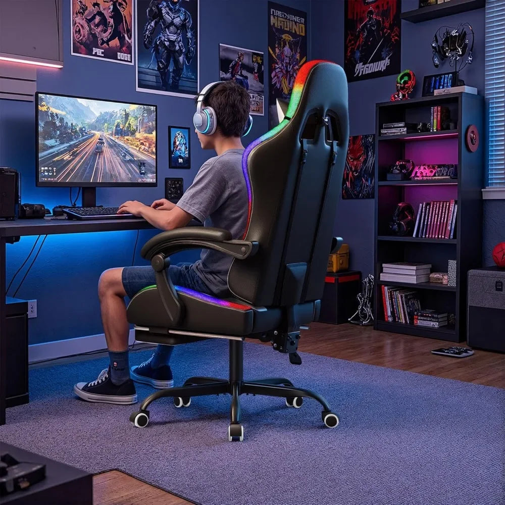 Ergonomic Gaming Chair with Massage Lumbar Support, Footrest, Adjustable Height & RGB Lighting