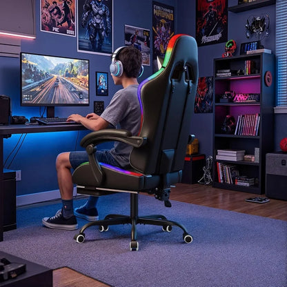 Ergonomic Gaming Chair with Massage Lumbar Support, Footrest, Adjustable Height & RGB Lighting
