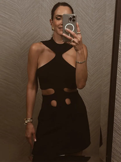 Elegant Halter Women's Dress Sleeveless Hollow Out Hip Package Lady Mini Dresses 2026 Spring Summer Chic Female Robe Holiday