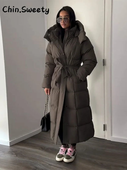 Warm Women's Puffy Quilted Hooded Long Cotton Coat Loose Solid Stand Collar Lace Up Zipper Overcoats 2025 Winter Lady Outwear