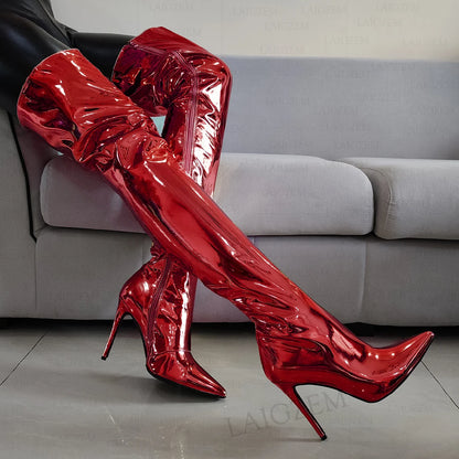 LAIGZEM Women Thigh High Boots Pointed Toe Zip Up Stiletto High Heels Over Knee Boots Ladies Shoes Woman Big Size 39 41 43 45 47