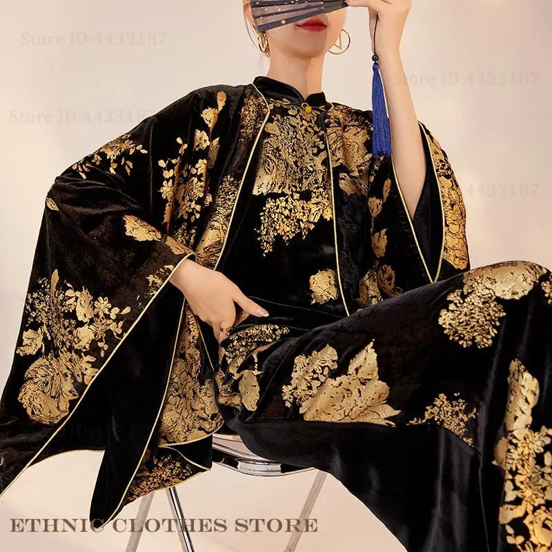 New Chinse Style Kimono Cardigan Cheongsam Autumn Winter Luxury Velvet Bronzing Qipao Hanfu Jacket Coat Elegant Haori Yukata Top