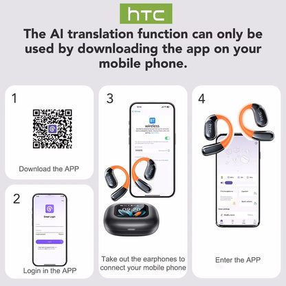 HTC NE27 Wireless Headphones AI Translator Earbuds OWS Sports Bluetooth Earphones Glowing Earhook Customizable Wallpaper Screen