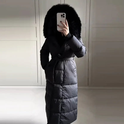 Warm Women's Puffy Quilted Hooded Long Cotton Coat Loose Solid Stand Collar Lace Up Zipper Overcoats 2025 Winter Lady Outwear