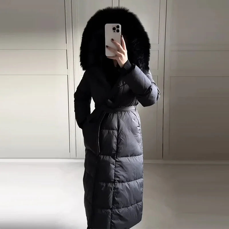 Warm Women's Puffy Quilted Hooded Long Cotton Coat Loose Solid Stand Collar Lace Up Zipper Overcoats 2025 Winter Lady Outwear