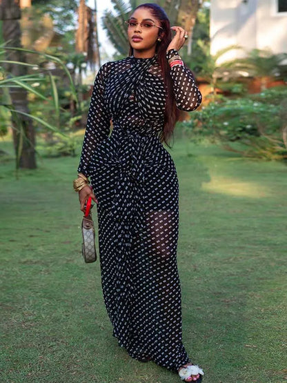 Spring Female Clothes Long Sleeve Maxi Dress for Woman Boho Black and White Dresses Elegant Mid-turtleneck Waist Slimming Dress