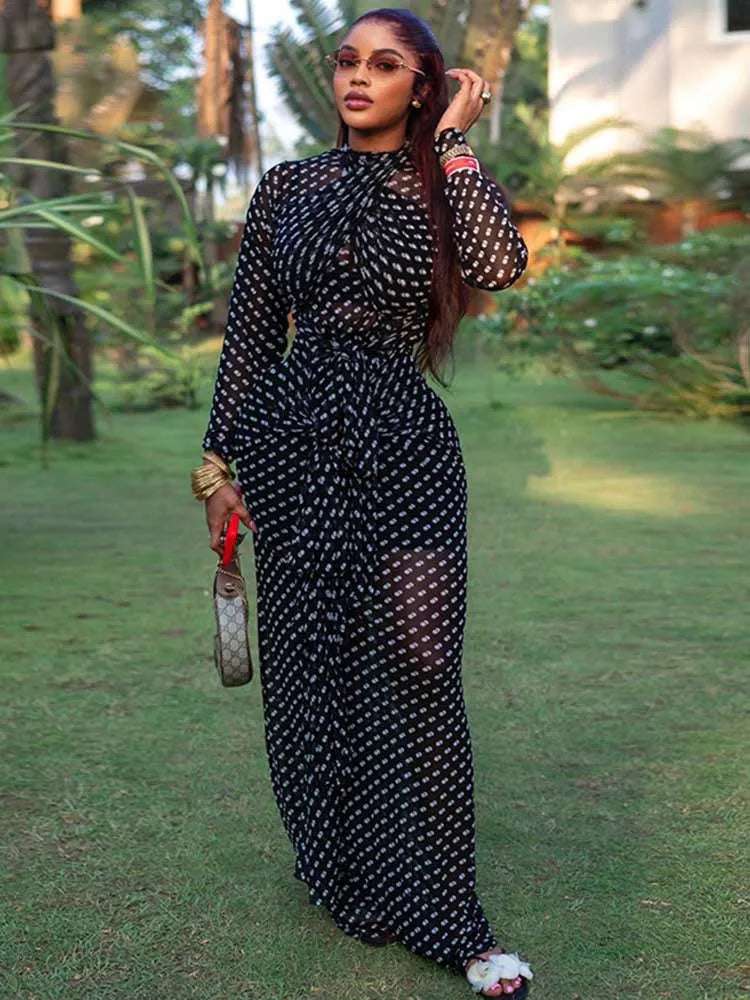 Spring Female Clothes Long Sleeve Maxi Dress for Woman Boho Black and White Dresses Elegant Mid-turtleneck Waist Slimming Dress