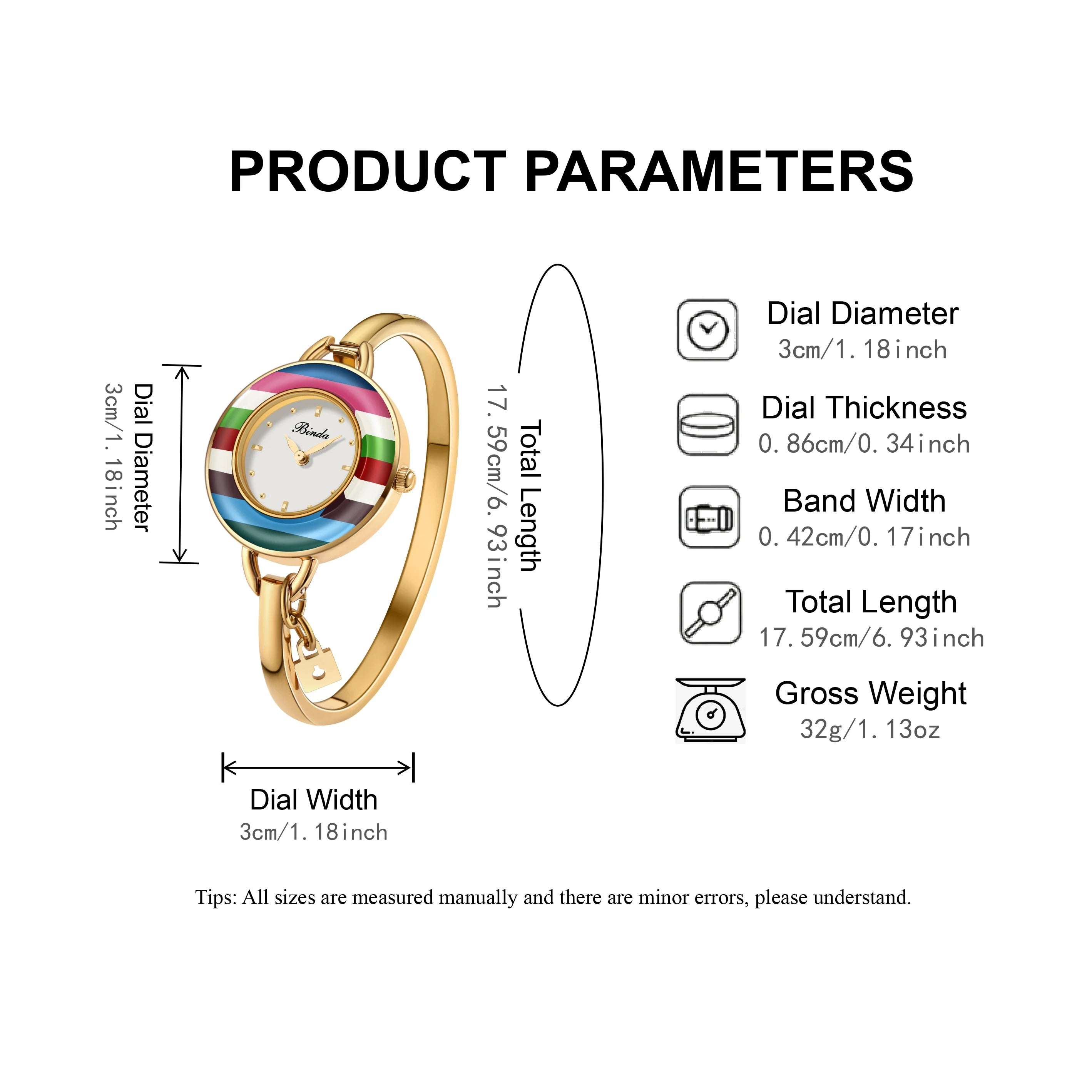 Binda Women’s Elegant Waterproof Quartz Watch – Rainbow Gold Stainless Steel Bracelet, Round Delicate Dial | Kimlud Mid...