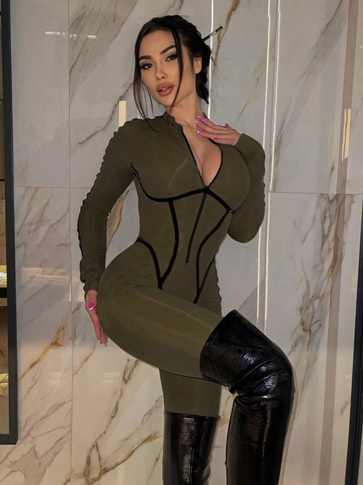 S-4XLWomen Sexy Zipper Jumpsuit Long Sleeve Bandage Tights Solid Bodysuit Female Party Bodycon Stretch Sporty Leisure - Kimlud