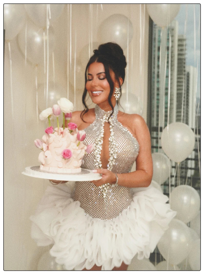 VC Shiny Silver Sequins Beaded Short Prom Dress Luxury Rhinestones Key Hole Halter Backless O Neck Short Tulle Cocktail Dress