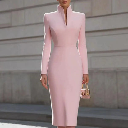 2026 Elegant Stand Collar Split Neck Long Sleeve Bodycon Midi Dress Women Solid Beige Slim Office Business Formal Party Dress Ve