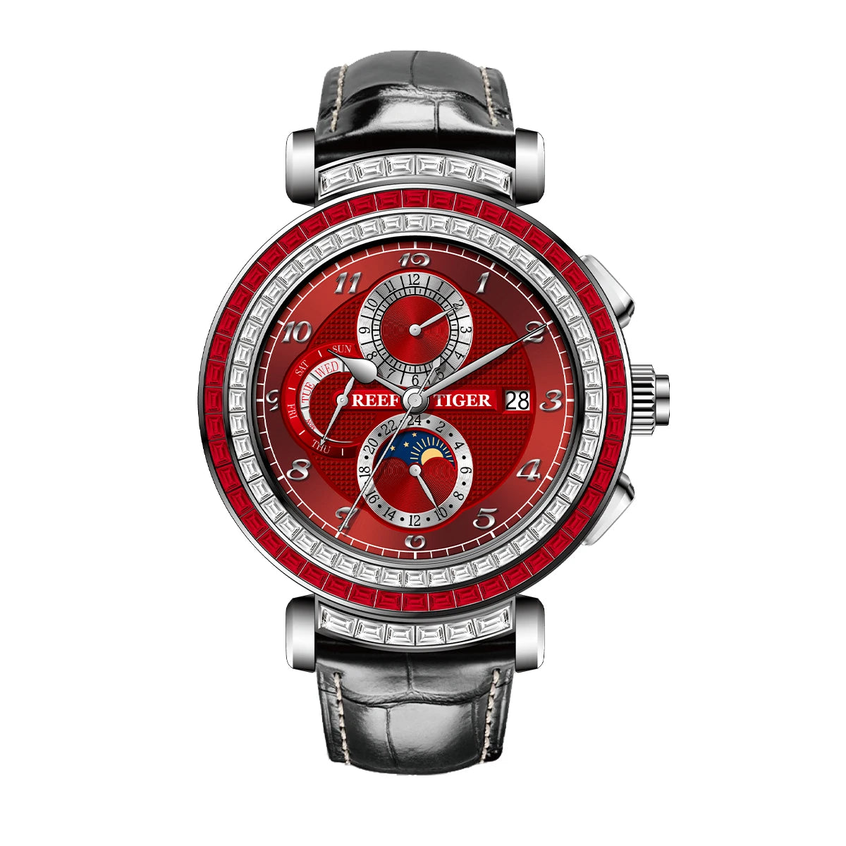Reef Tiger Luxury Men's Automatic Mechanical Watch Green Dial Moon Phase Date Genuine Leather Strap Waterproof Dress...