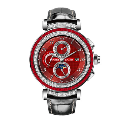 Reef Tiger Luxury Men's Automatic Mechanical Watch Green Dial Moon Phase Date Genuine Leather Strap Waterproof Dress...