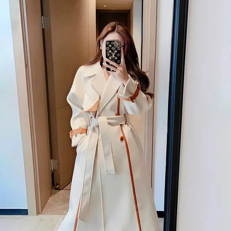 With belt Woolen Coat For women 2024 New Autumn Winter Fashion Slim Temperament Lapel Color blocked Thicken Wool Overcoat Female
