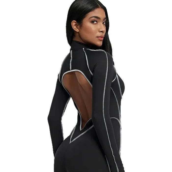 Women's Long Sleeve Zip Front Jumpsuit Chic Open Back with Contrast Stitching Stretchy Fit for Gym Streetwear Activewear Romper - Kimlud