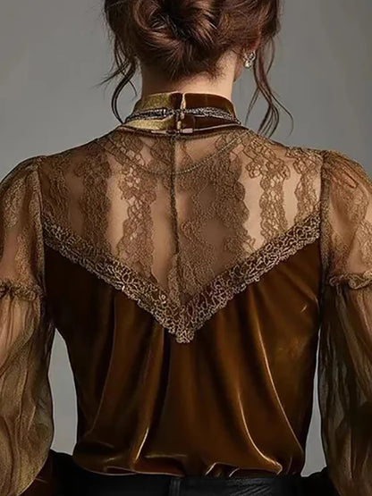 Lace Sheer Sexy Velvet Women Blouse Brown Round Neck Puff Sleeve Elegant Slim Female Autumn Top Fashion High Street Chic Shirts
