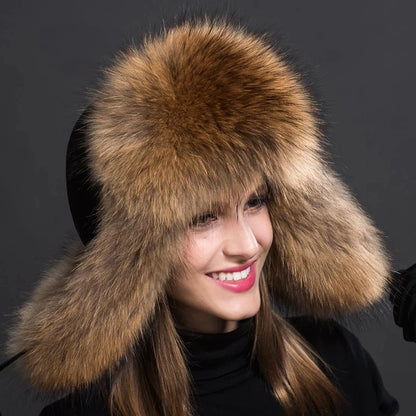 Women Natural Raccoon Fur Caps Ushanka Hats for Winter Thick Warm Ears Fashion Bomber Pom Pom Hat Lady Real Fox Fur Cap Pompon