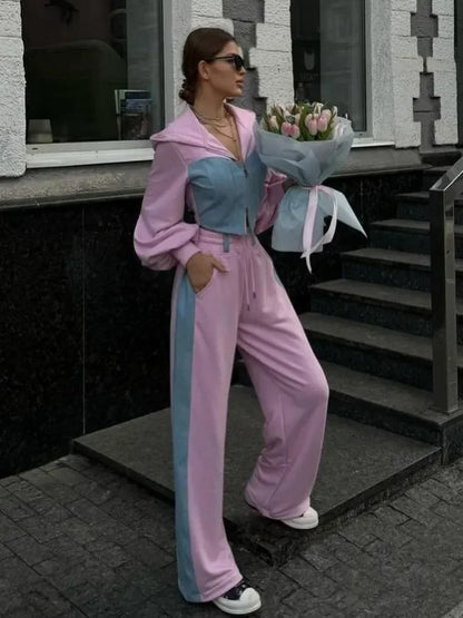 Zekye Autumn Spring Summer Hoodies 2 Piece Sets Long Sleeve Zipper Women's Tracksuit New Crop Tops Wide Leg Sport Pants...
