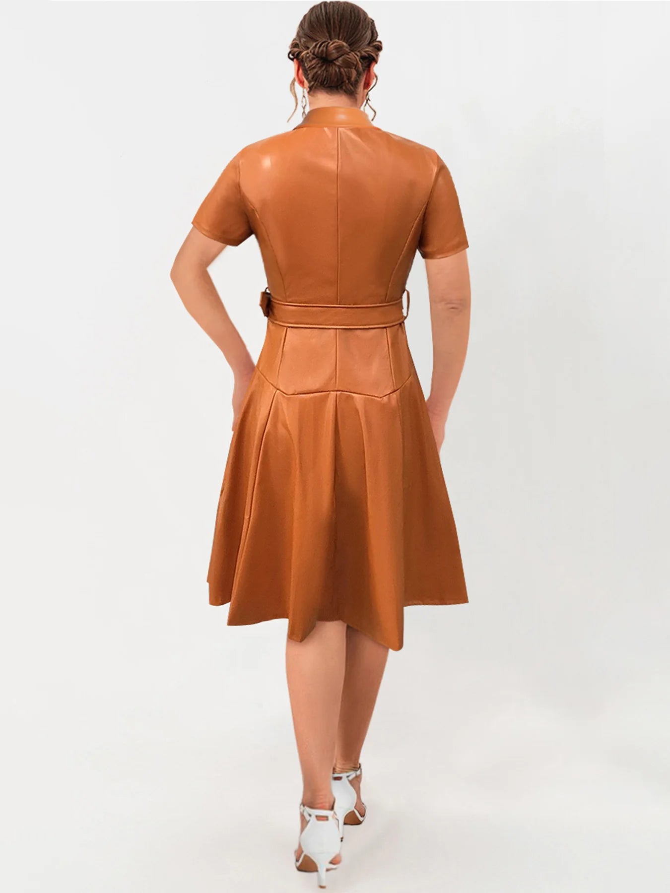 Womens Shirt Collar Midi Dress Elegant Summer Zipper Short Sleeve PU Leather Skinny Belted Lapel Fashion Midi Dress 2025
