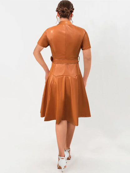 Womens Shirt Collar Midi Dress Elegant Summer Zipper Short Sleeve PU Leather Skinny Belted Lapel Fashion Midi Dress 2025