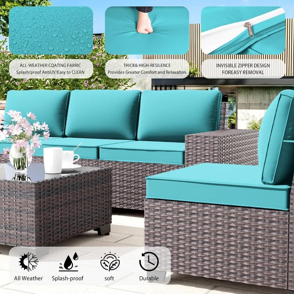 Garden Furniture Sets Outdoor Patio Furniture Set PE Rattan Wicker Sectional Conversation Set with Coffee Table Turquoise Blue - Kimlud
