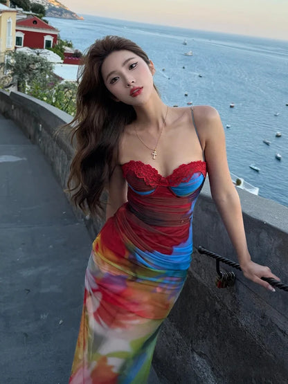 Weird Puss Colorful Print Maxi Dress Patchwork Lace Mesh Low-Neck Sleeveless Backless Summer Trend Vacation Clubwear...
