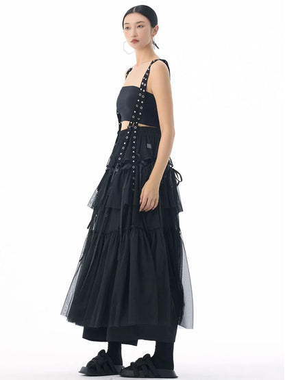 [EAM] High Elastic Waist Coffee Mesh Perspective Ribbon Strap Half-body Skirt Women Fashion Tide New Spring Autumn 2026 1DJ5044