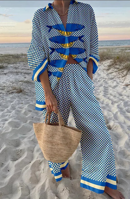 Boho Beach Holiday Print Shirt And Pants Two Pieces Sets Women Csaual Loose Long Sleeve Button Shirts Outfits Summer Pants Sets