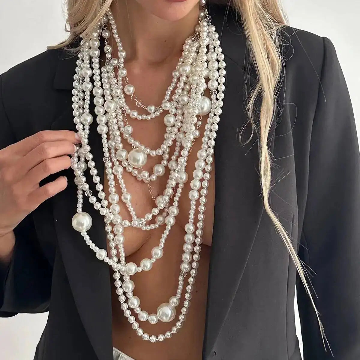 SHIXIN Exaggerated Multi-layer Imitation Pearl Choker Necklace Women Luxury Long Tassel Pendant Sweater Chain Bridal Wed Jewelry