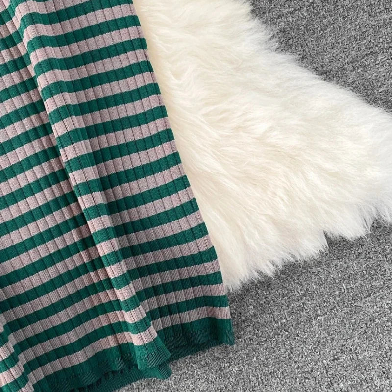 Women's Green Striped Crew Neck Short Sleeve Self-Tie Sundress Stretchy Knit Bodycon Maxi Dress Casual Summer Daily...