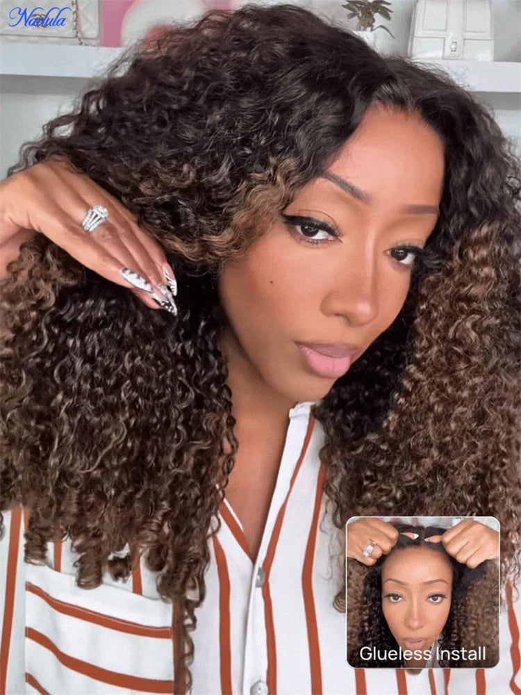 Nadula Burmese Curly Glueless Wig with Finger Coils End Chestnut Brown Ombre 7x5 Pre Cut HD Transparent Lace Pre...