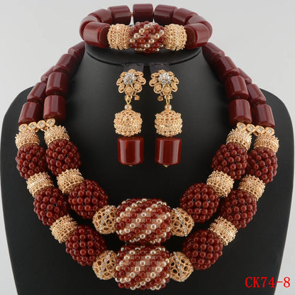 Nigerian Wedding Artificial Coral Beads Jewelry Set Golden Pendant Necklace for Women Nigeria Bridal Costume Necklace Set