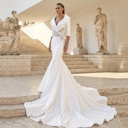 Gorgeous Dubai Prom Dress Beaded Custom Made Prom Gowns Mermaid Turn Down Collar Long Prom Dresses with Sleeves High Couture - Kimlud