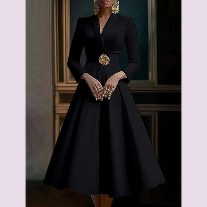 Elegant Women's Dress Wrap V Neck Long Sleeve Pleated Midi Dress Waisted Evening Party Dress Women's Long Dress Vestidos