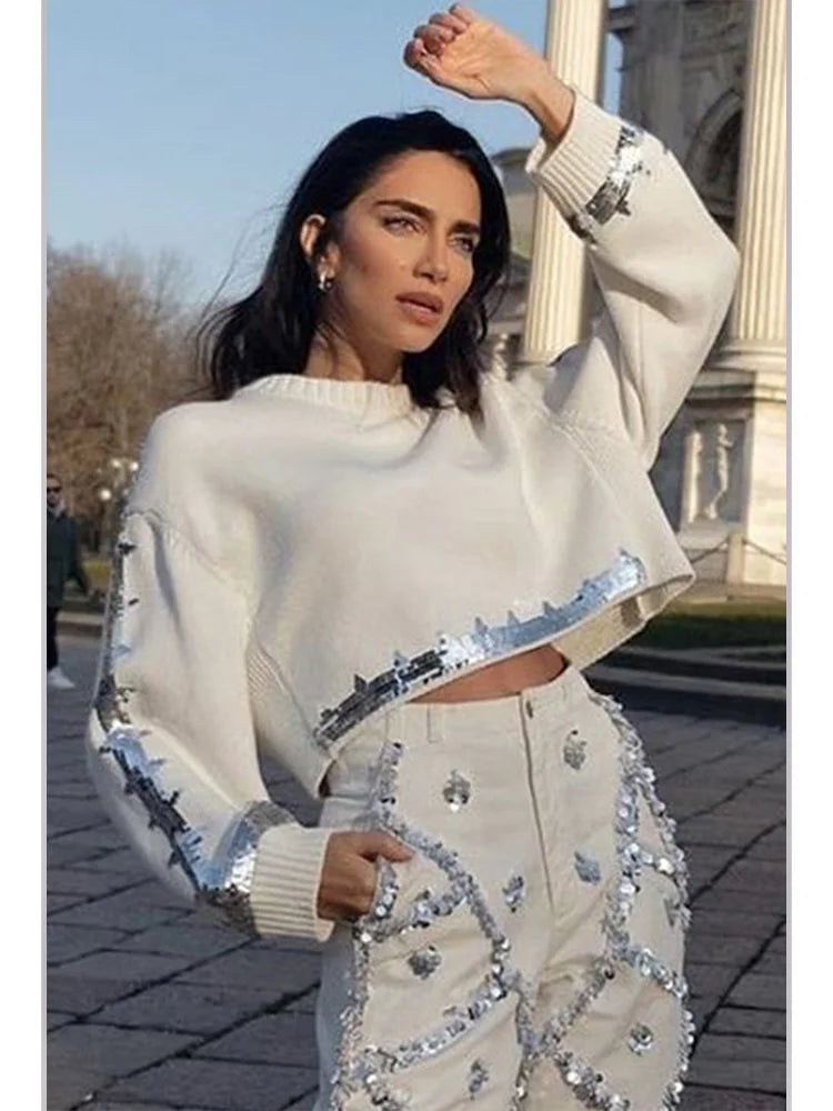 Women's Sequin Decor High-Waist Straight Leg Denim Jeans Elegant Casual Pockets Vintage Diamond Detail Pencil Pants