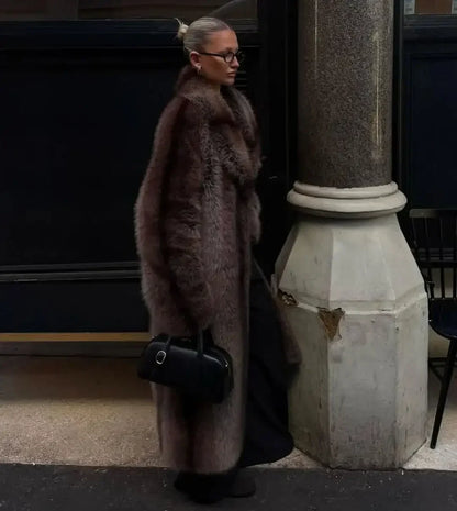 Women Luxury Brown Faux Fur Overcoat Casual Lapel Long Sleeve Fluffy Coat Winter Female Chic Thicken Warm High Street Outwear