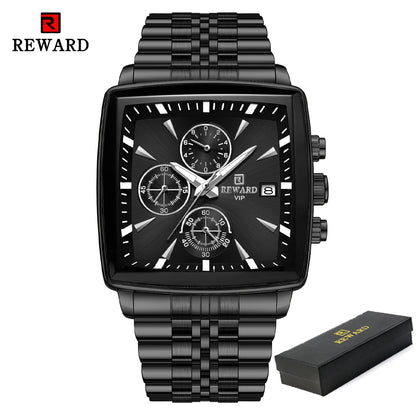 REWARD Fashion Square Dial Watch for Men Stainless Steel Waterproof Quartz Chronograph Mens Watches Luxury Sport Male Clock