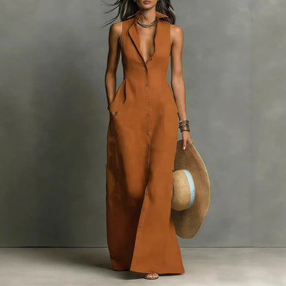 Women Maxi Dress Sleeveless Lapel Collar Button Down Shirt Dress With Pockets Deep V Neck Summer Beach Vacation Long Sundress