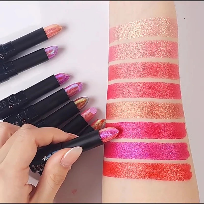 Metallic Pearlescent Pink Glitter Velvet Lipstick Waterproof Long Lasting Matte Shimmer Diamond Lipstick Women Makeup Cosmetics