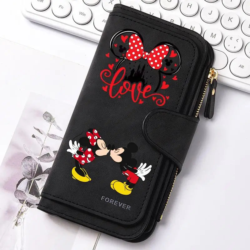  Mickey Minnie Lady Long Zip Wallet Buckle Tote Bag Coin Purse Soft PU Leather Multi-functional Card Holder Casual Daily