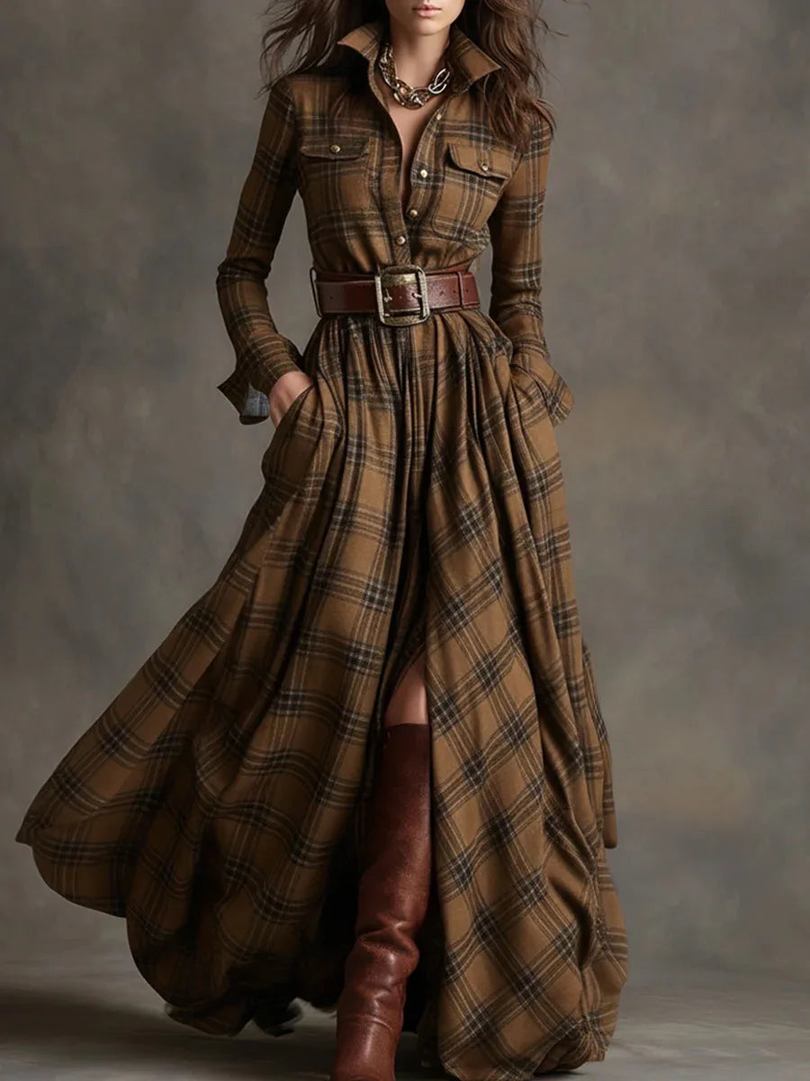 Leisure Grid Printed Long Sleeve Shirts Dress Autumn New Long Sleeve Pocket Dress Elegant Ladies Loose Pleated Commute Dresses