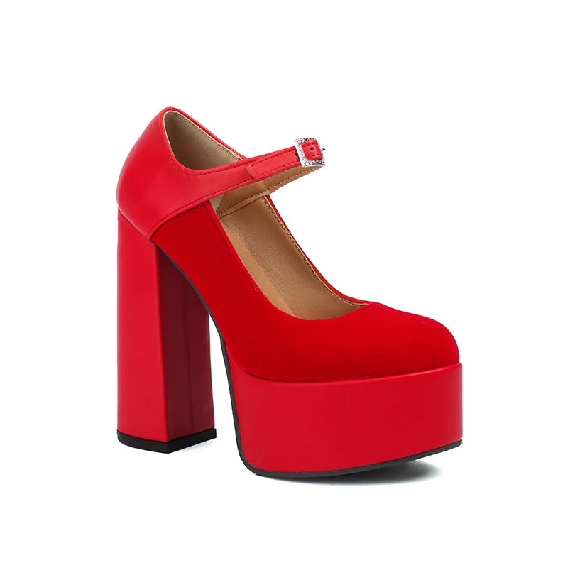 2024 Matte Flock Splice PU Shallow Mouth Hollow Breathable Waterproof Platform Ultra High Thick Heel Ankle Buckle Women's Pumps