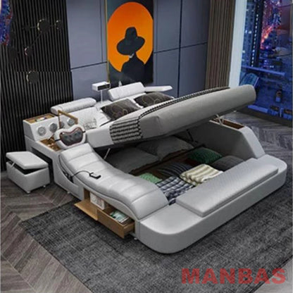 Modern Tech Smart Bed, King/Queen Size Genuine Leather Bed with Projector,USB, Speaker, Luxury Multifunction Bed, All In...