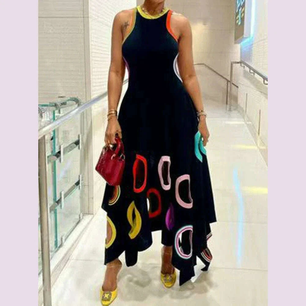 Women's Circle Hollow Out Tank Dress Round Neck Asymmetric Hem Pleated A-Line Fashion Elegant Sleeveless Summer Evening Dress