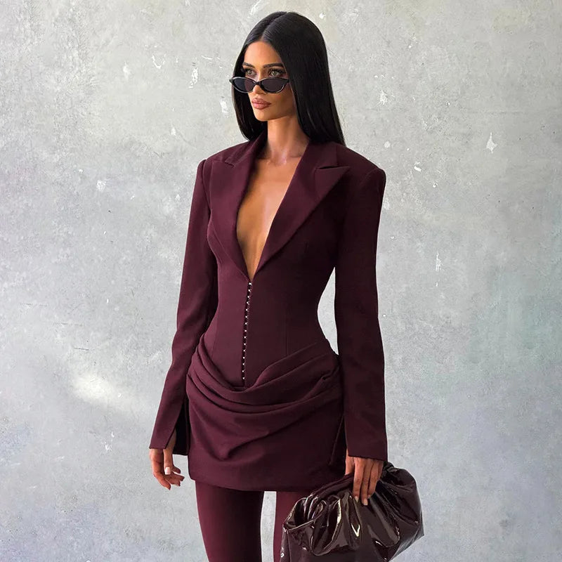 Blifanbo Elegant Deep V Neck Ruched Mini Autumn Long Sleeve Slim High Waist Fashion Patchwork Club Party Dress Female Clothes
