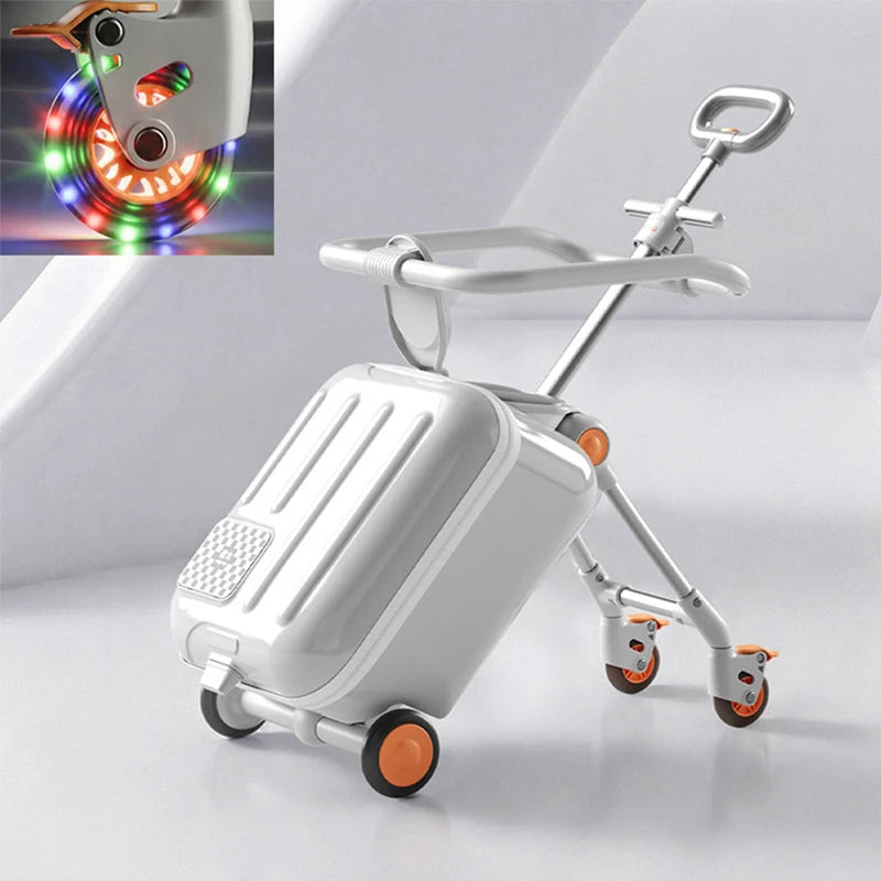 Children's Luggage 2-in-1 Ride-On with Detachable Stand LED Flashing Lights 38L Large Capacity Suitcase with Guardrail Brake - Kimlud